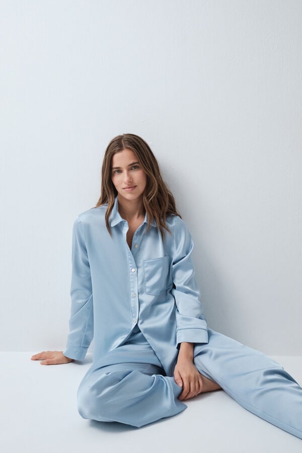 Women'secret Pijama larga camisera satinada azul azul