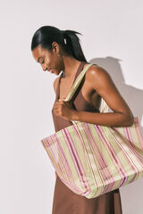 Women'secret Bolsa grande de malla a rayas verde y rosa estampado