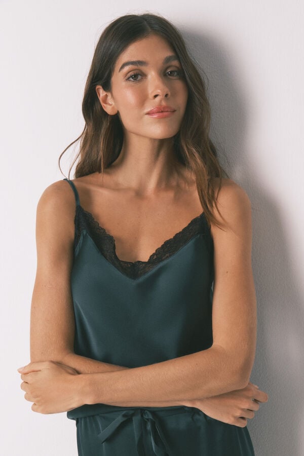 Women'secret Conjunto de pijama de satén y encaje verde verde