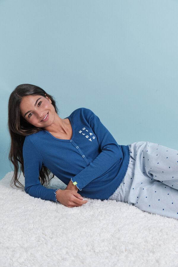 HI&BYE Pijama larga de algodón de rayas azules  estampado