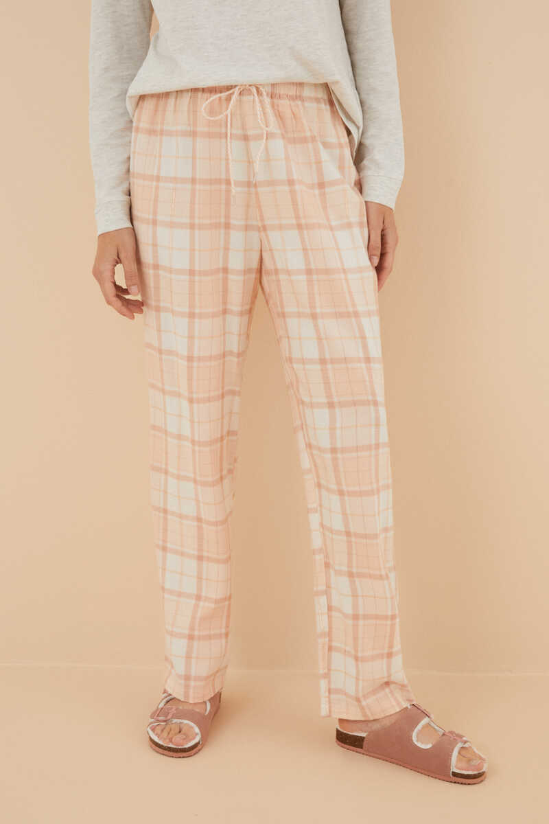 Womensecret Pantalones largos 100% franela de algodón a cuadros rosas kaki