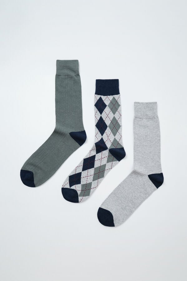 Women'secret Pack 3 calcetines lisos rombos gris estampado