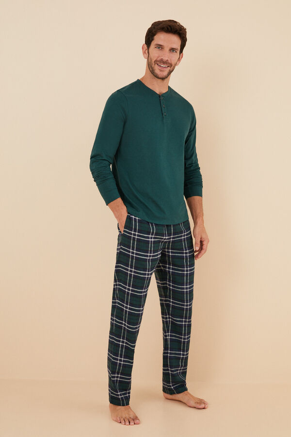 Womensecret Pijama larga hombre 100% algodón cuadros camiseta panadera kaki