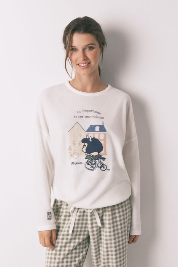 Womensecret Pijama larga largo Mafalda de forro polar con cuadros vichy marfil