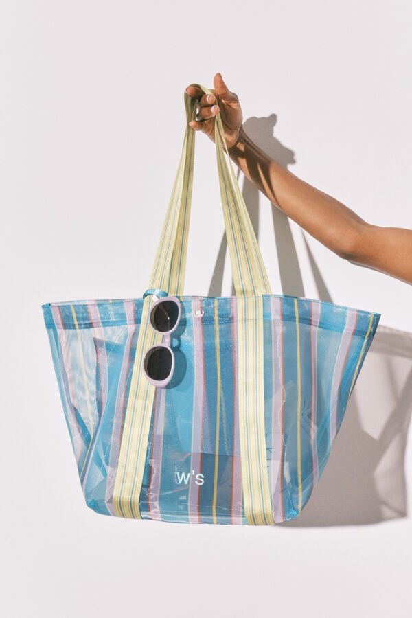 Women'secret Bolsa grande de malla a rayas azul y verde estampado