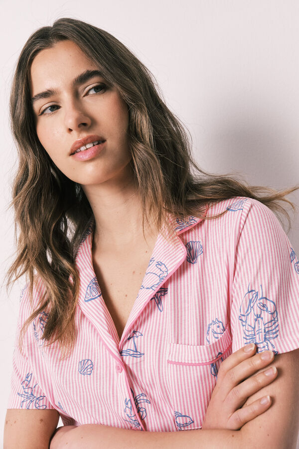 Women'secret Pijama camisera de algod&oacute;n a rayas rosa rosa