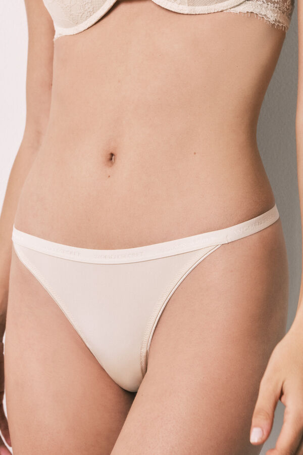 Women'secret Tanga microfibra y encaje beige marfil