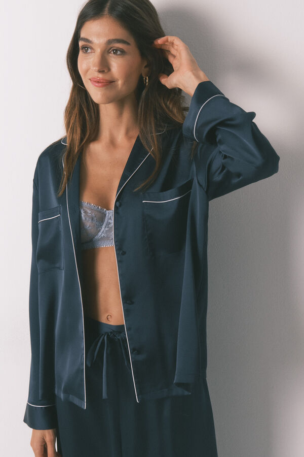 Women'secret Pijama camisera largo de satén azul azul