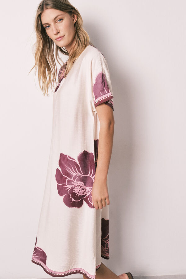 Women'secret Vestido largo de manga corta con estampado floral blanco