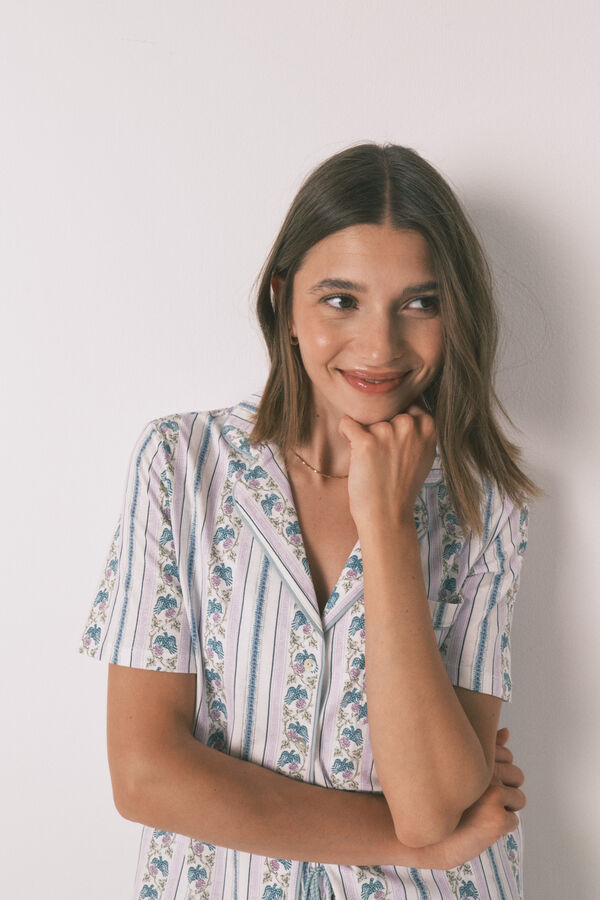Womensecret Pijama camisera Capri de rayas 100% algodón marfil