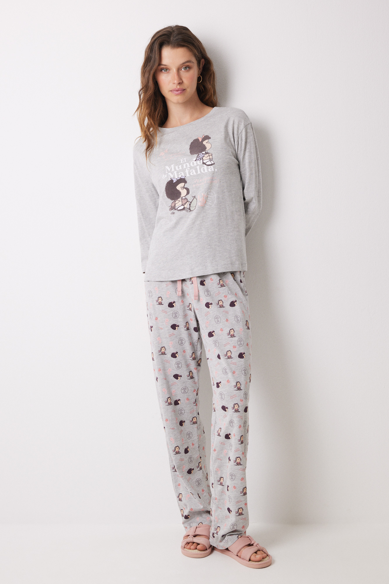 Pijama larga 100% algodón Mafalda gris | Pijamas para mujer ...